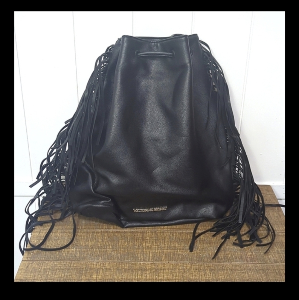 Like New Victoria's Secret Black Drawstring Tassle Bag Purse - Picture 6 of 8